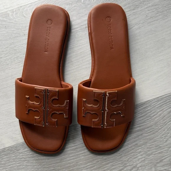 Tory Burch Tan Logo Slide Sandals - Picture 2 of 7